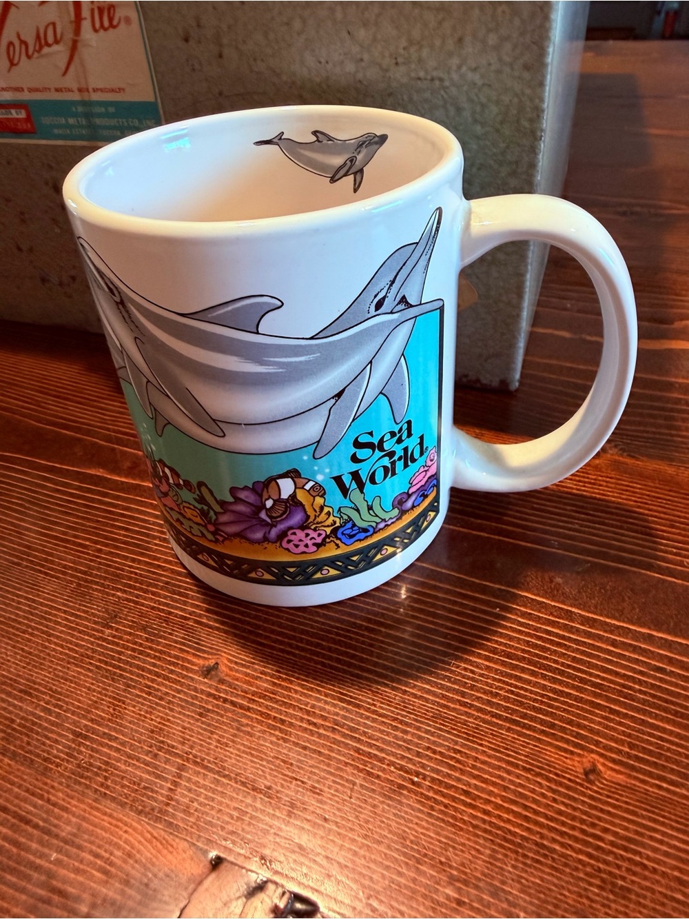 Vintage Sea World Mug - White with Teal Dolphin Graphic